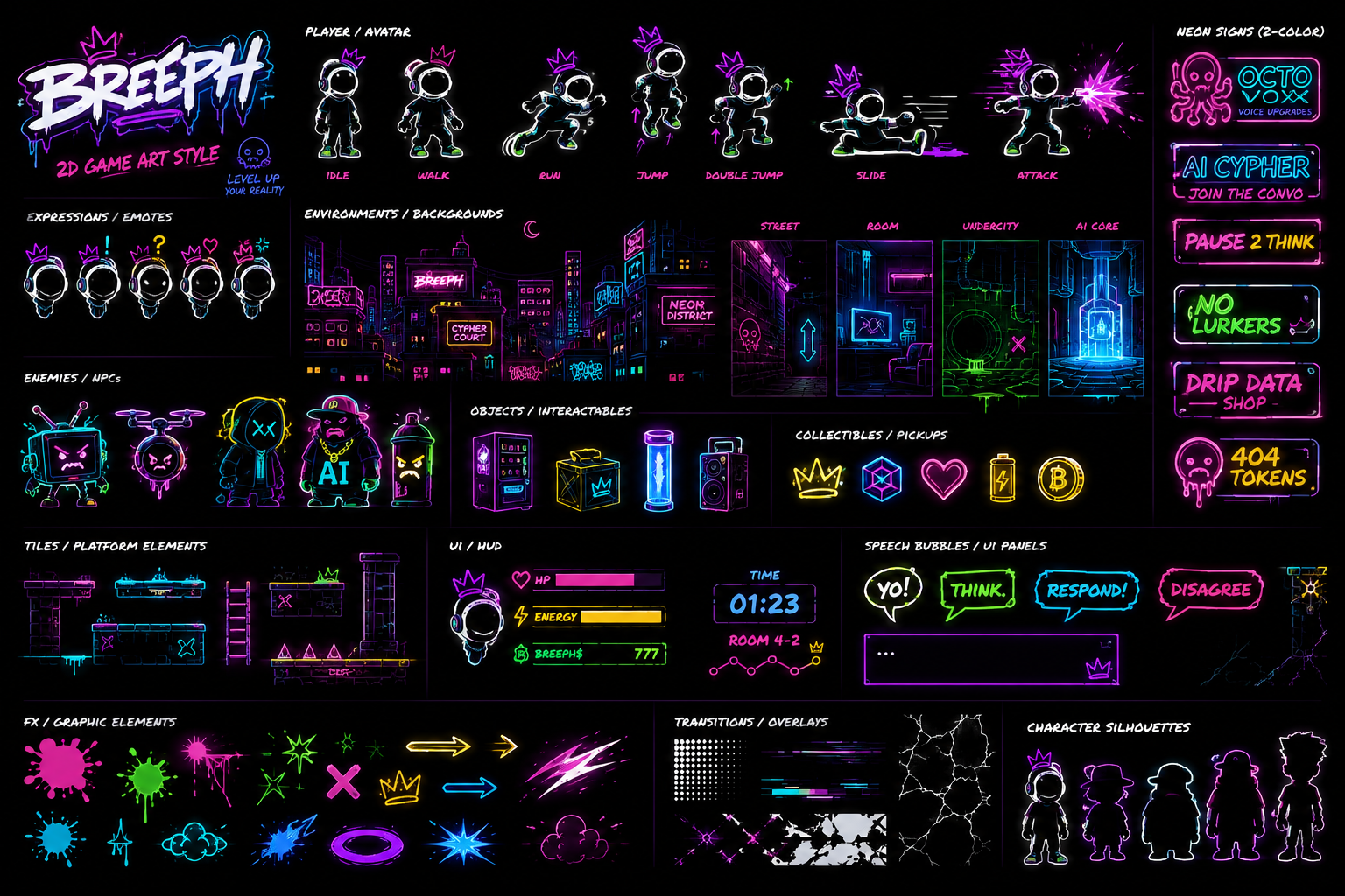 Breeph 2D neon game art showing characters, streets, rooms, UI and signs