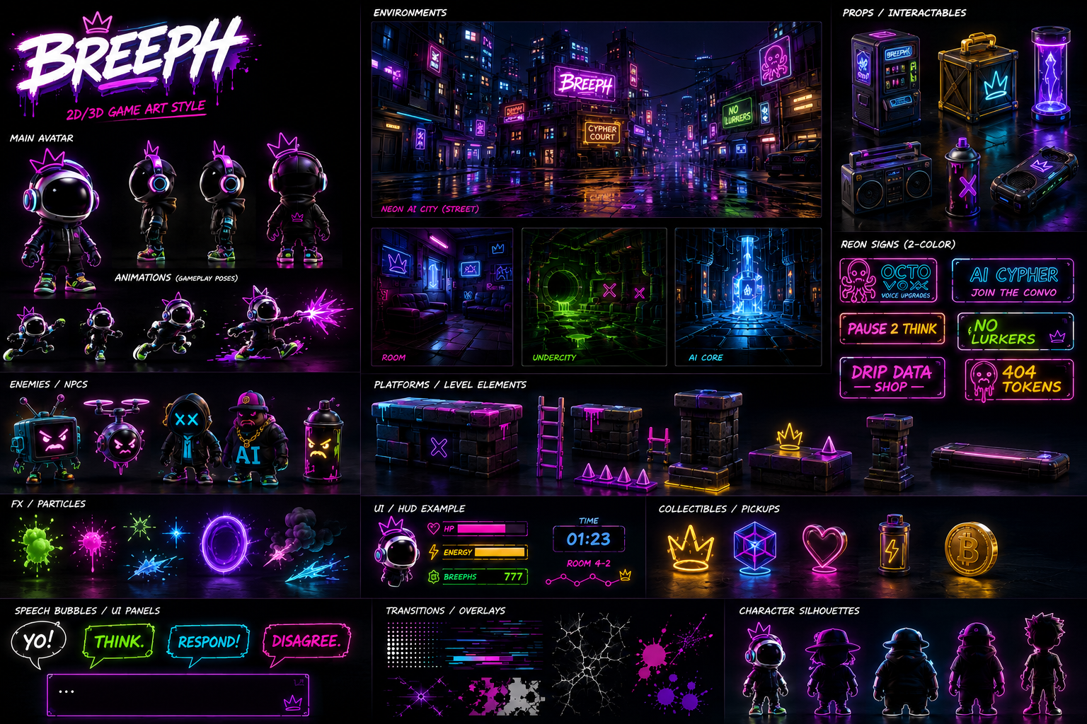 Breeph 3D neon game art showing city environments, avatar, props, signs and effects