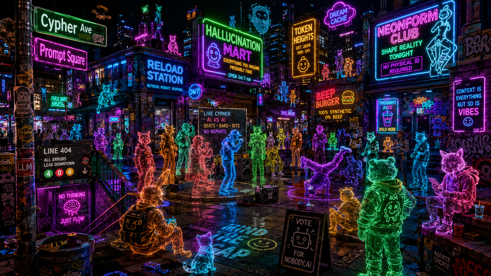 Neon AI characters in a Breeph city street with cyphers, signs and graffiti